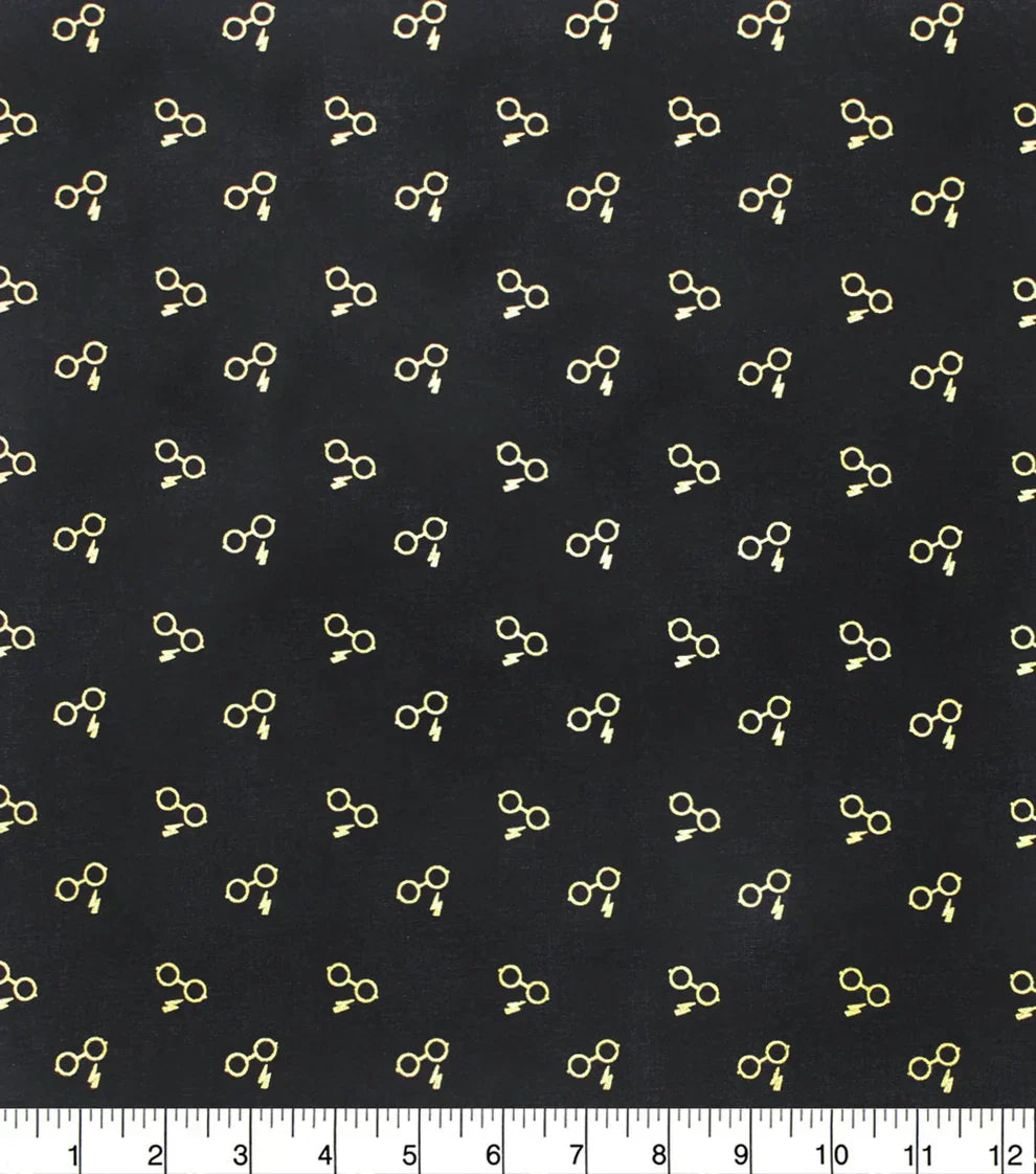 10 Yard Bolt Licensed Harry Potter Glasses & Bolt Gold Metallic on Black - 100% Cotton 43/45" Wide - Wholesale