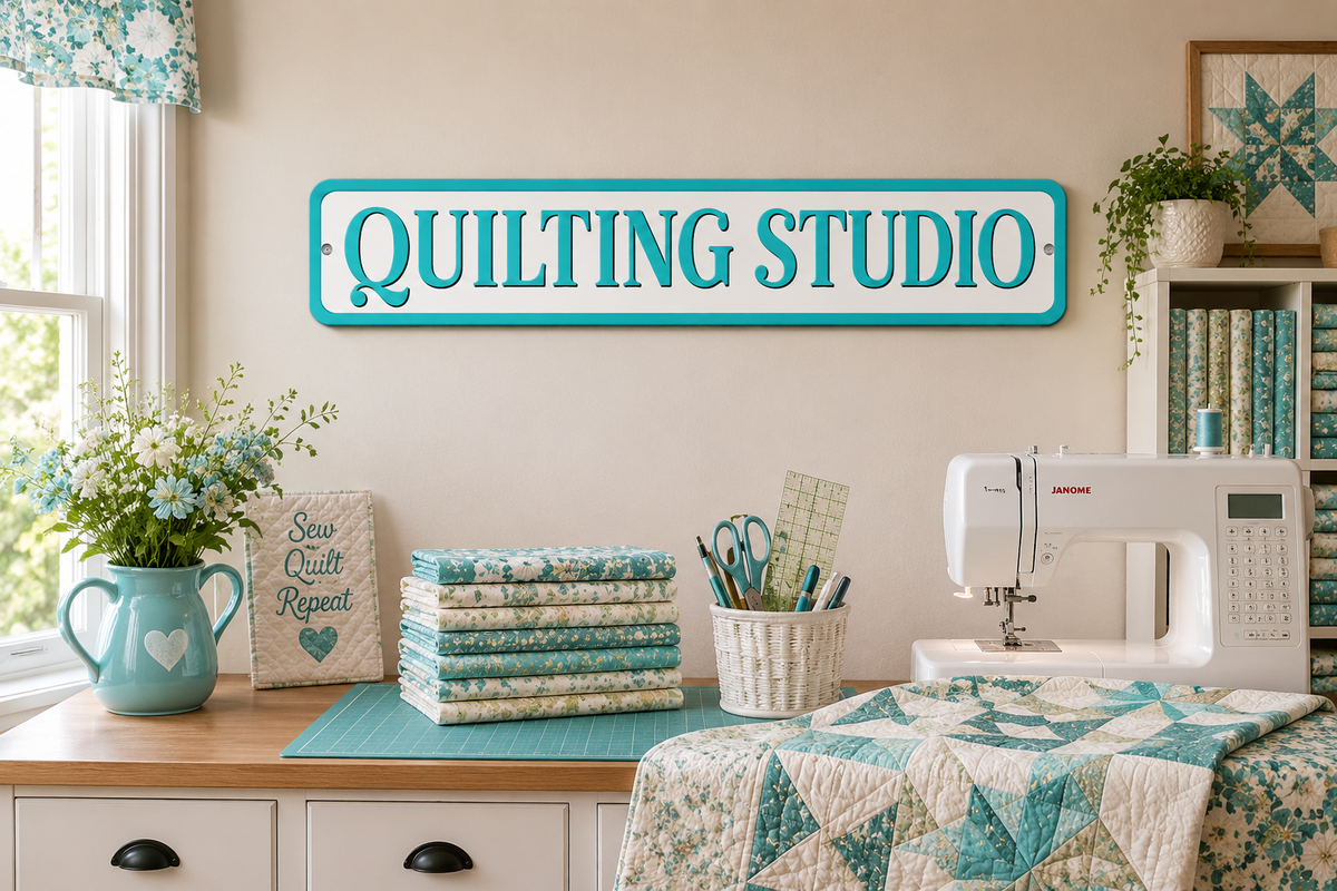 3 Quilting Studio Turquoise 4in x 18in Aluminum Signs - 3 Signs Per Order