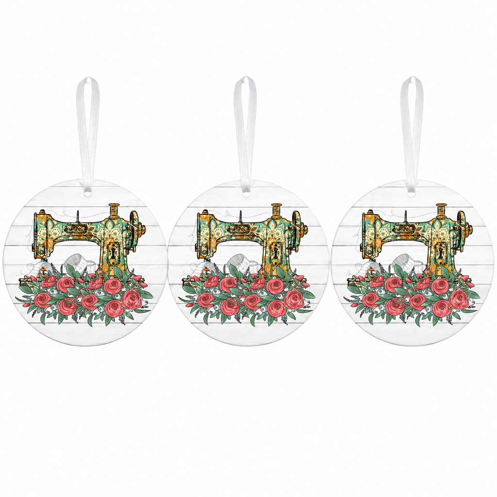 3 Sewing Machine With Roses Metal Ornaments - 3 Ornaments Per Order