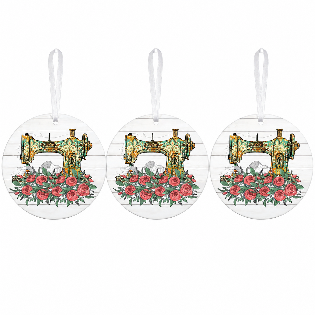 3 Sewing Machine With Roses Metal Ornaments - 3 Ornaments Per Order