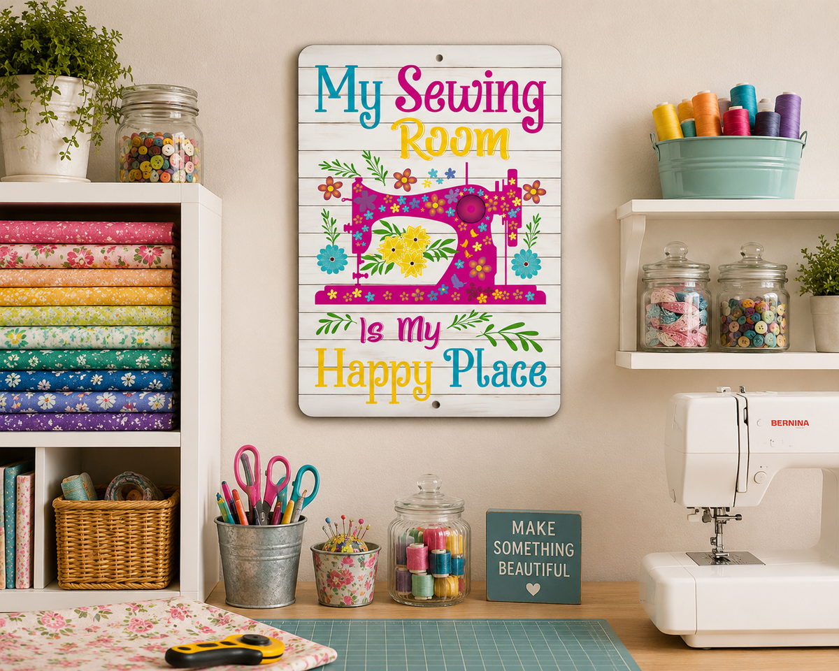3 Sewing Room Happy Place 12in x 18in Aluminum Signs - 3 Signs Per Order