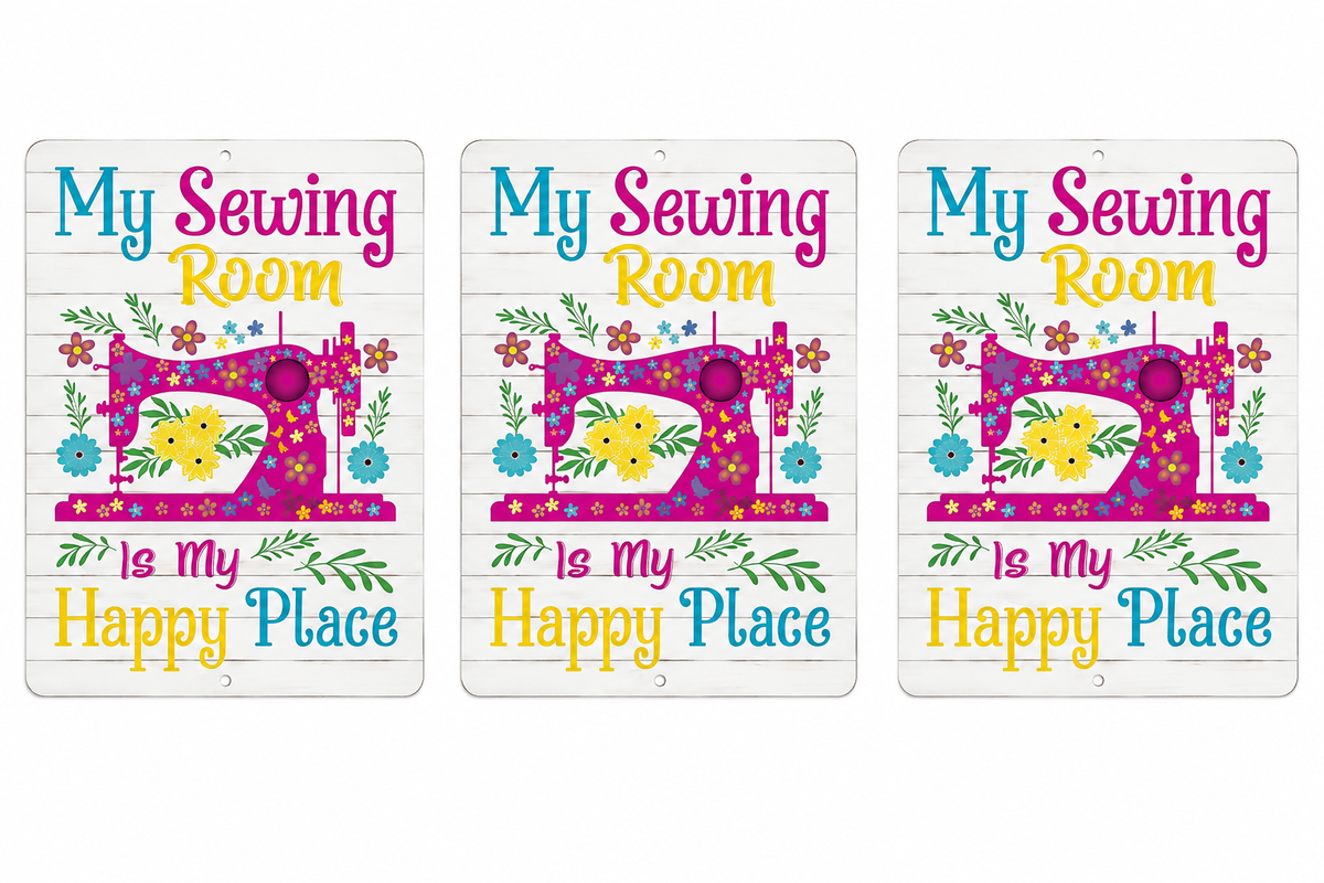 3 Sewing Room Happy Place 12in x 18in Aluminum Signs - 3 Signs Per Order