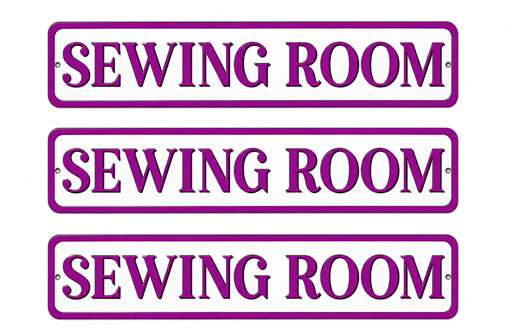 3 Sewing Room Purple 4in x 18in Aluminum Signs - 3 Signs Per Order