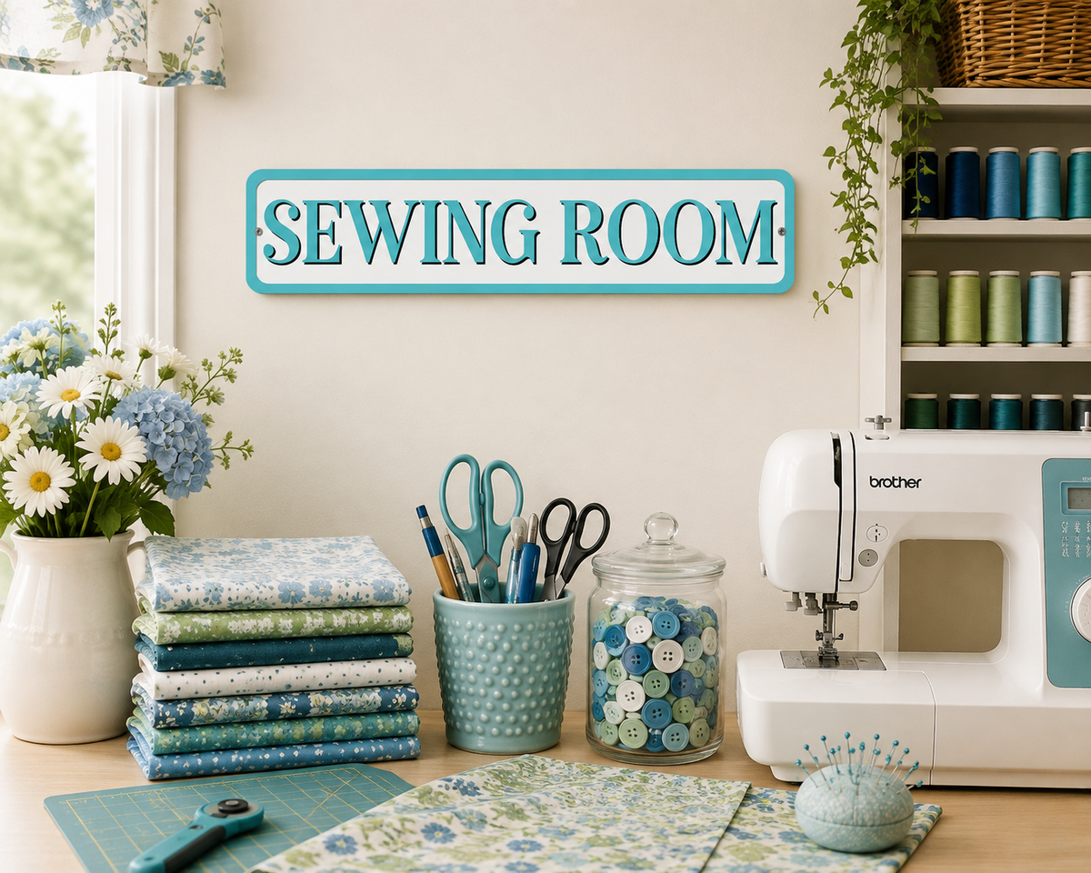 3 Sewing Room Turquoise 4in x 18in Aluminum Signs - 3 Signs Per Order