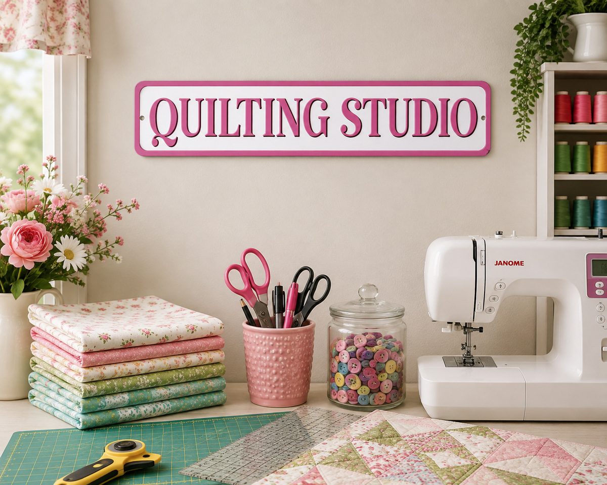 3 Quilting Studio Pink 4in x 18in Aluminum Signs - 3 Signs Per Order