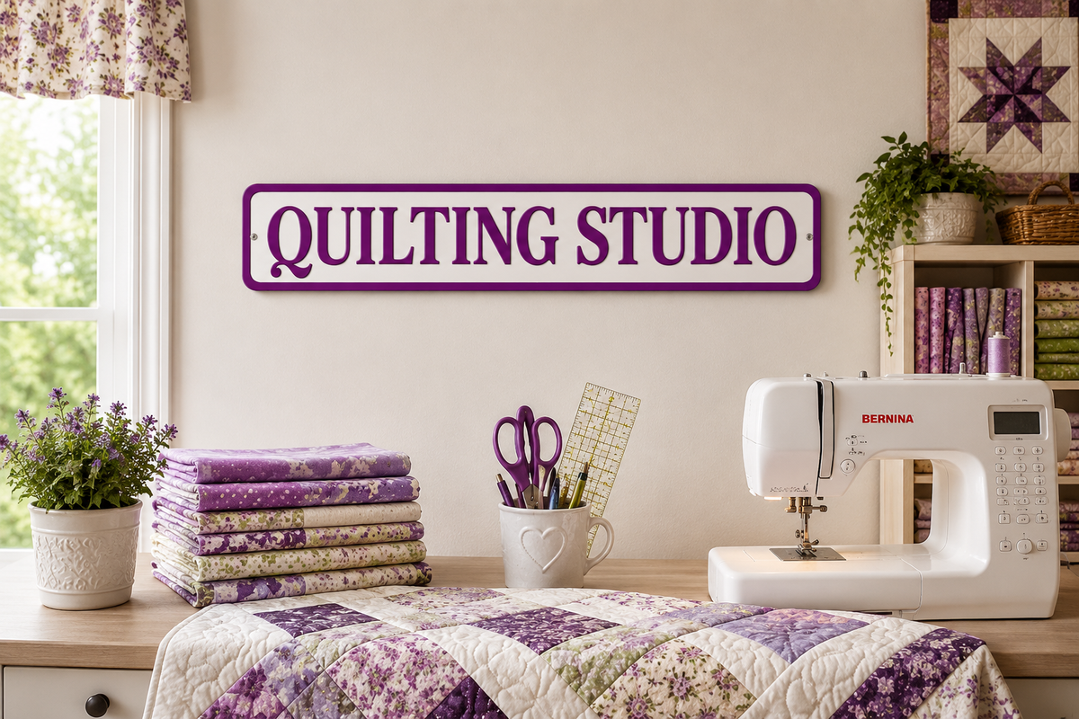 3 Quilting Studio Purple 4in x 18in Aluminum Signs - 3 Signs Per Order