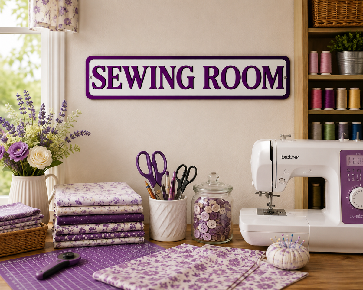 3 Sewing Room Purple 4in x 18in Aluminum Signs - 3 Signs Per Order