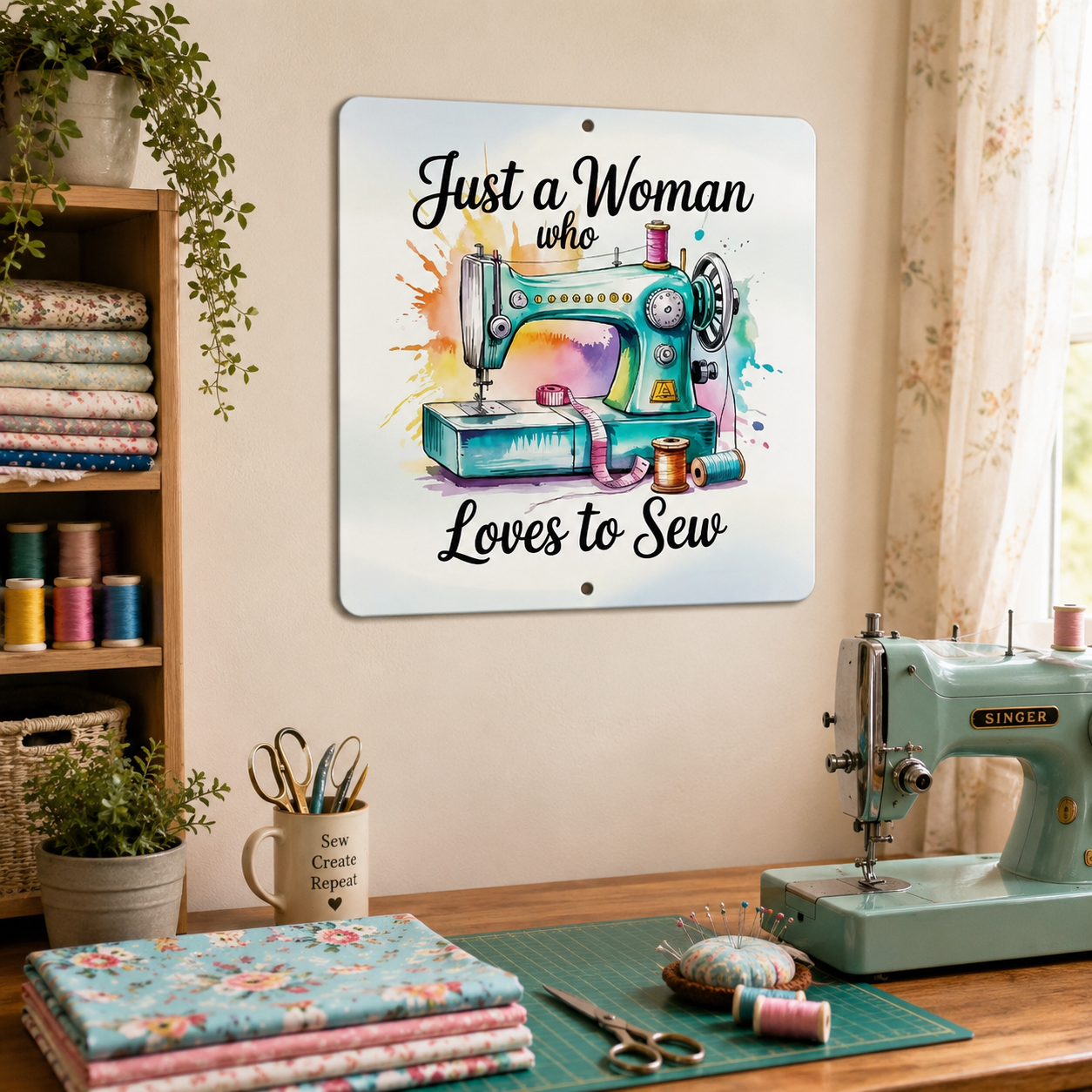 3 Just A Woman Who Loves To Sew 12in x 12in Aluminum Signs - 3 Signs Per Order