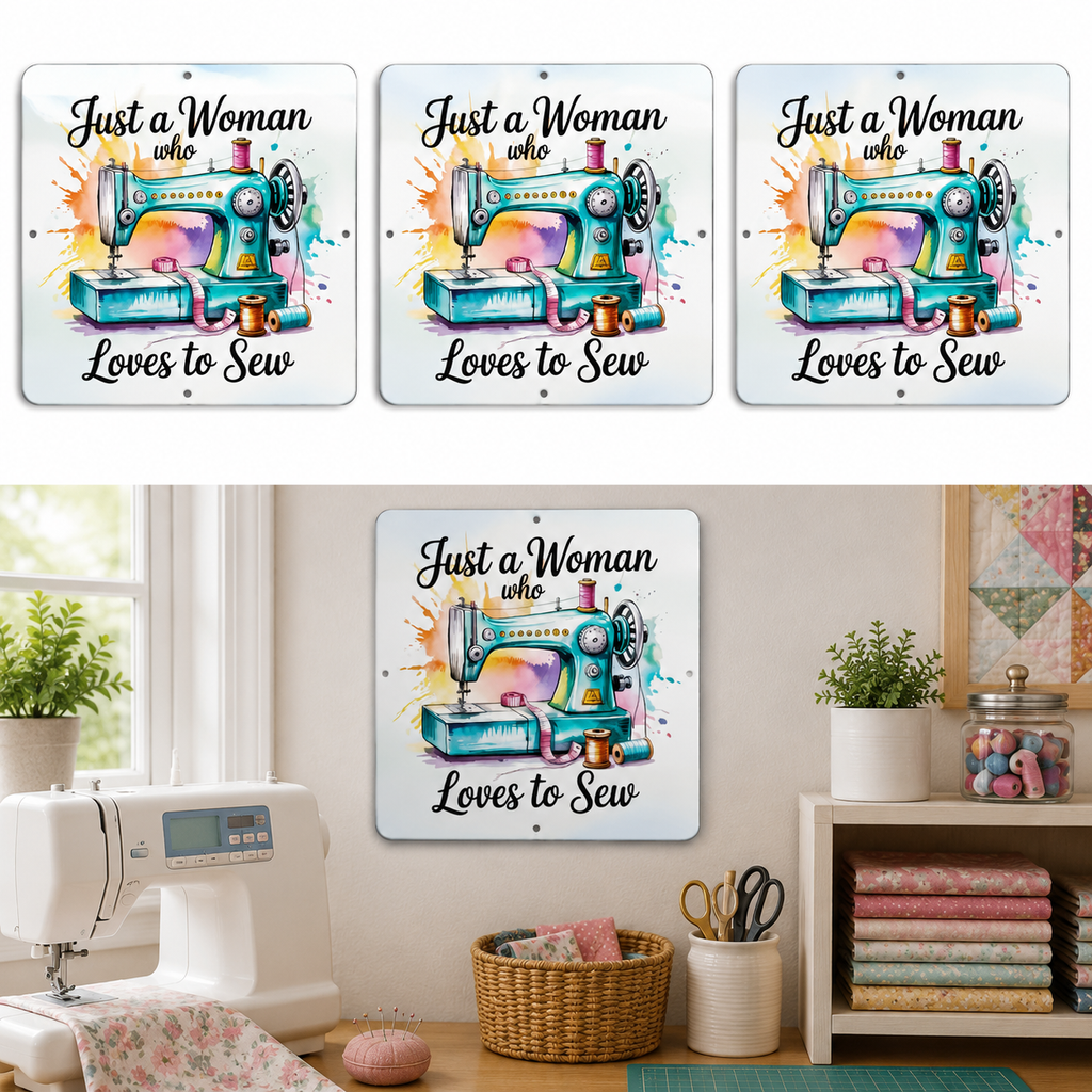 3 Just A Woman Who Loves To Sew 12in x 12in Aluminum Signs - 3 Signs Per Order