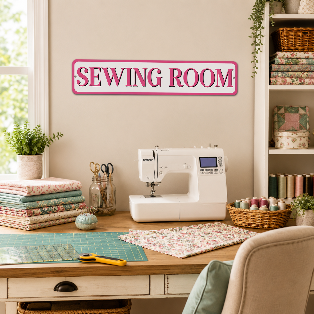 3 Sewing Room Pink 4in x 18in Aluminum Signs - 3 Signs Per Order