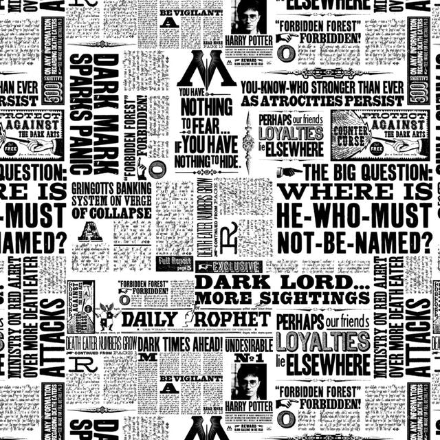 10 Yard Bolt Harry Potter Newspaper Black and White - 100% Cotton 43/45" Wide - Wholesale
