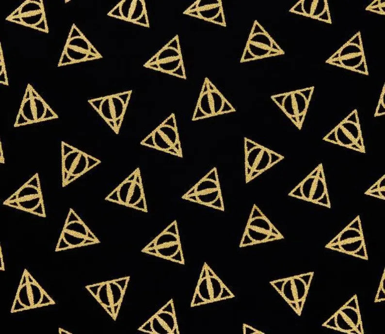 10 Yard Bolt Licensed Harry Potter Metallic Gold Deathly Hallows: Iconic Symbols in Black - 100% Cotton 43/45" Wide - Wholesale